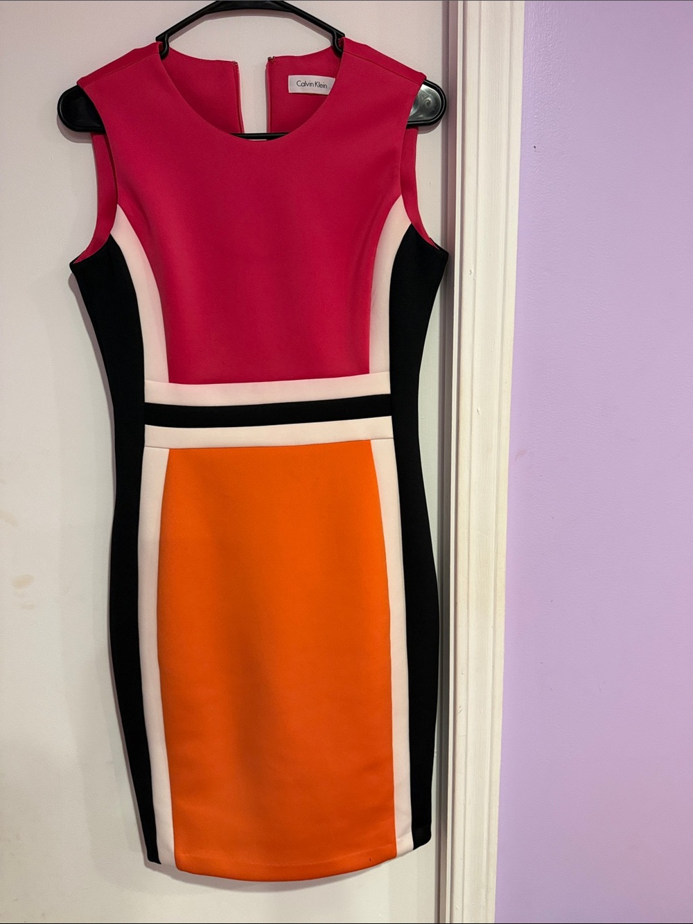 Calvin Klein Pink, Orange & Black Colorblock Midi Sheath Dress